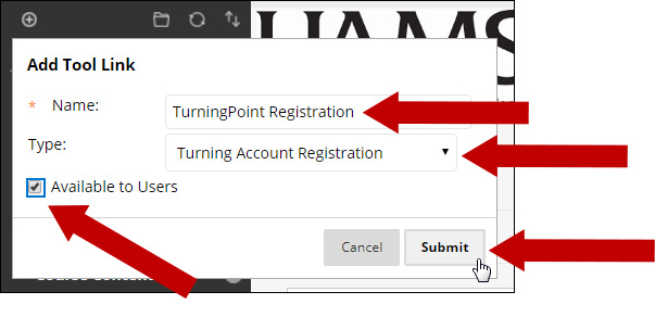 Choose Turning Account Registration for the type, add name, make the link available and Submit