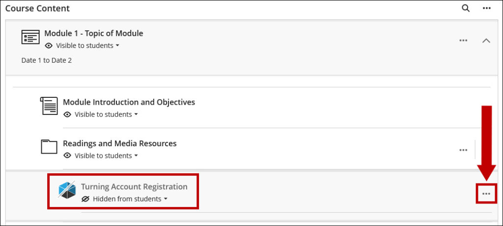 Turning Account Registration shows on the page. Make it available or use the ellipsis button to edit.