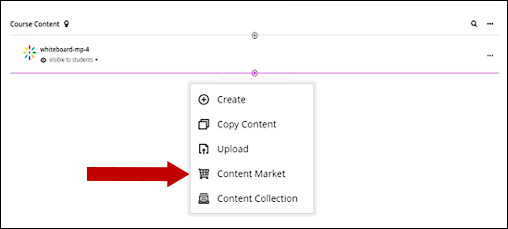 Screenshot of Course Content area with the add content menu expanded an arrow pointing toward Create