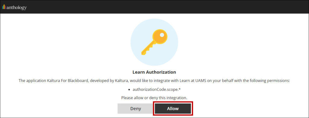 Click Allow to authorize UAMS Kaltura.