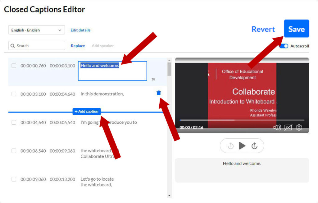 From the Closed Captions Editor, you can add, delete, or edit captions.