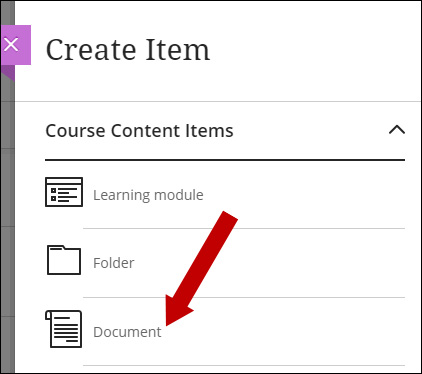 Screenshot of Course Content Items Create Item menu with an arrow pointing toward Document.