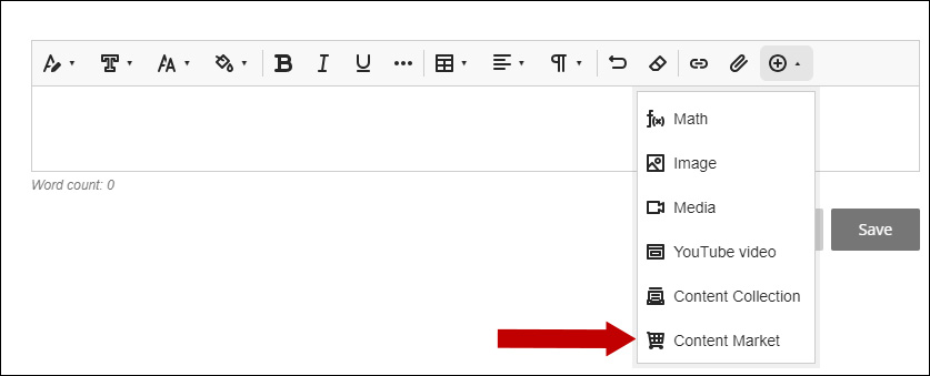 Screenshot of Content Editor menu expanded with an arrow pointing toward Content Market.