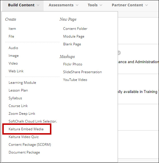 Screenshot of Build content menu with Kaltura Embed Media circled.