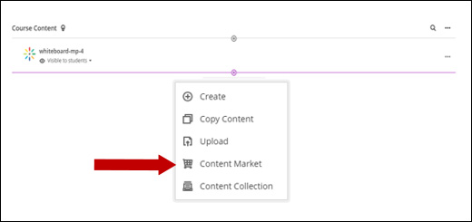 Screenshot of Course Content area with the add content menu expanded an an arrow pointing toward Create.