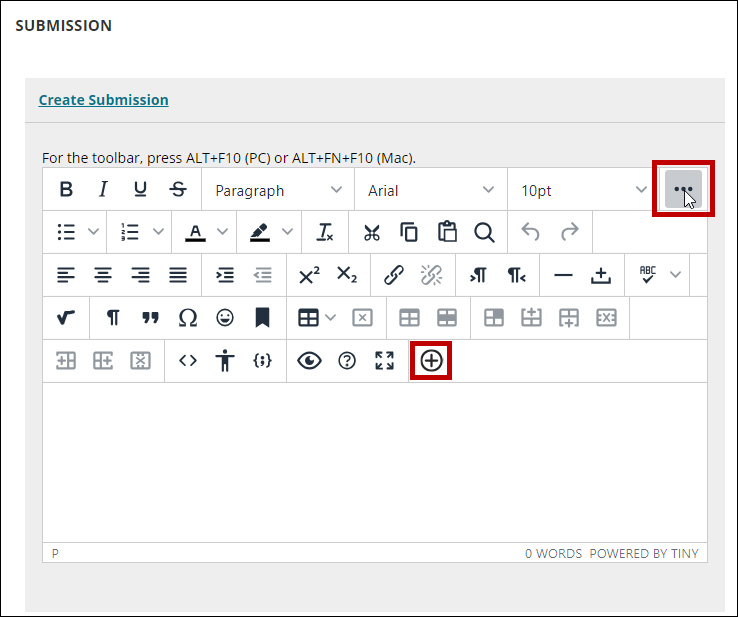 Expand the content editor and click the plus sign to add media.