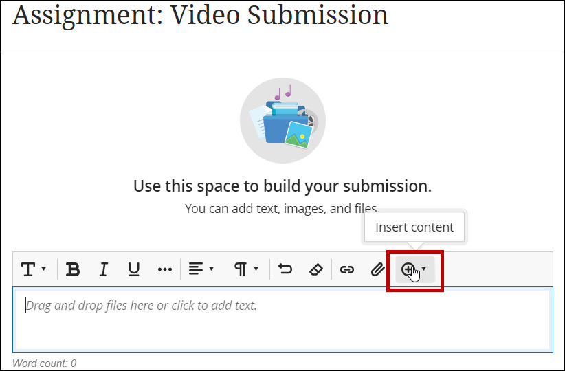 Click inside the content editor to expand it. Click the + sign to Insert content.