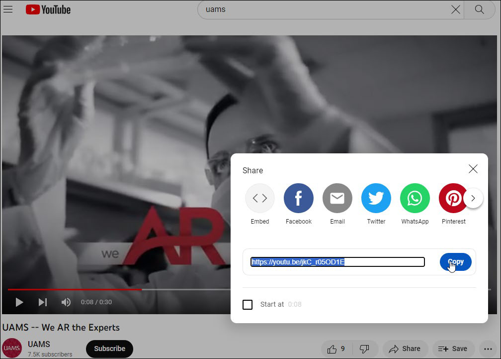 On the YouTube page, select share and copy the url of the desired video.