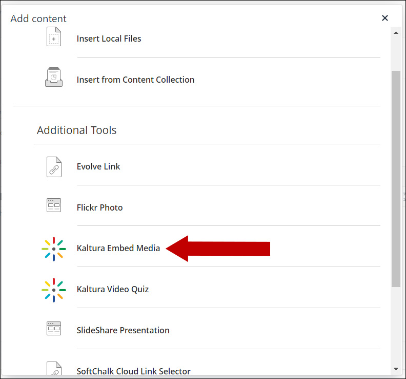 Screenshot of Tools menu. An arrow points toward Kaltura Embed Media.