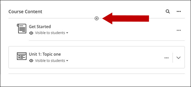 Screenshot of Course Content with arrow pointing to Plus icon.