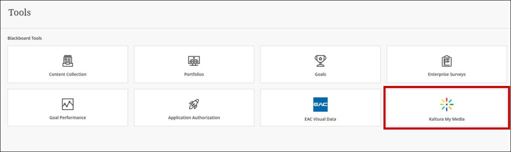 Image of the tools area of a Blackboard course. A circle encompasses Kaltura.