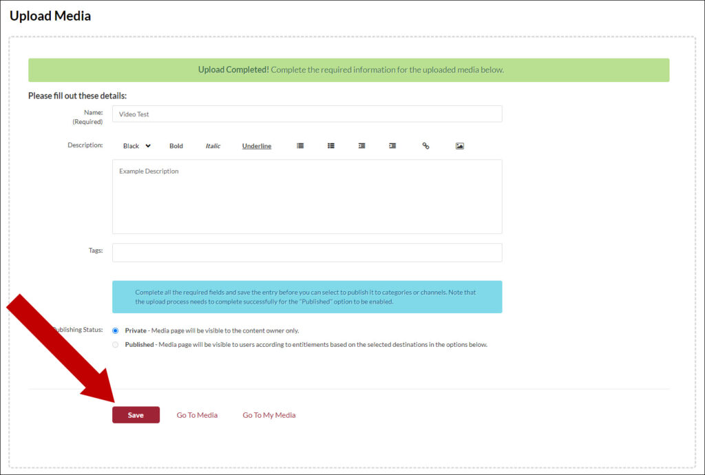 Image of Upload Media area with an arrow pointing toward the Save button.