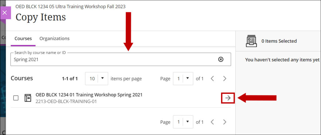 On the Copy Items page search for the desired course and click the arrow on the right side of the course name.