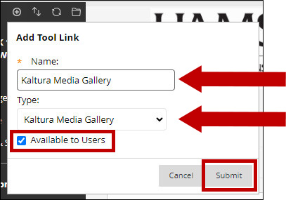 Image of the Add Tool Link with arrows pointing to Name field and type. A box is around Available to Users that is checked.