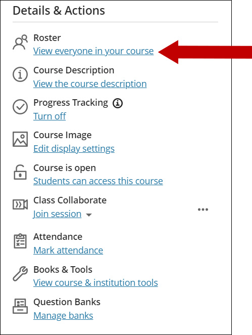 Screenshot of Details and Actions with an arrow pointing at Roster.