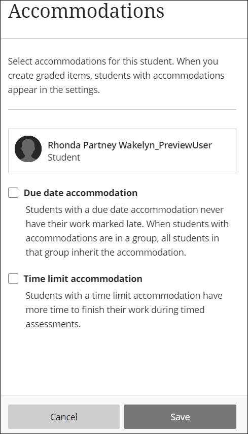 A screenshot of the Accommodations menu.