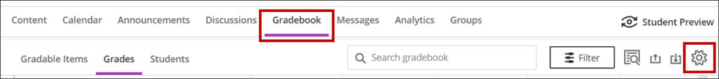Click the settings button on the grid view of the gradebook.