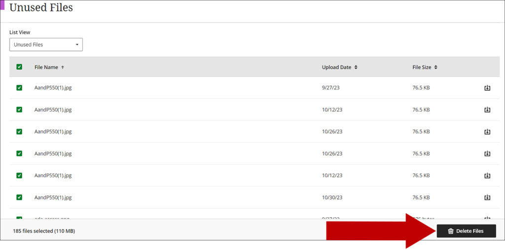 A screenshot of the unused files with an arrow pointing to the delete button.