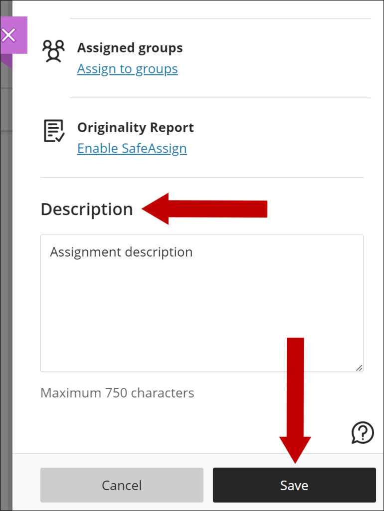 Select the desired settings, add a description and click Save