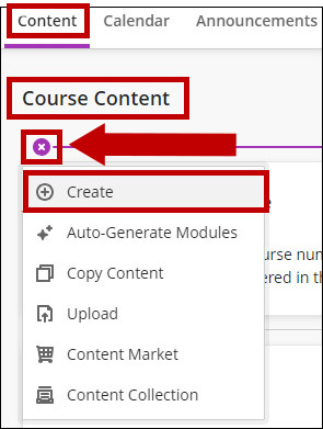 On the course content use the plus sign to create content.