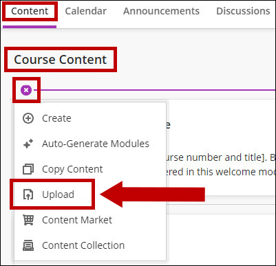 On the Course Content use the + sign to upload.