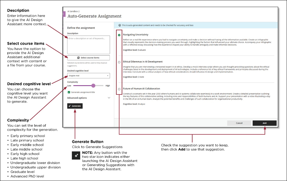 An example of the AI Generation page in Blackboard.