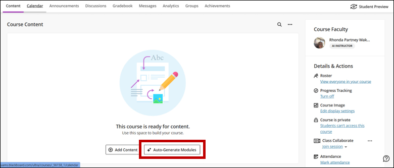 A screenshot of the course content are of a Blackboard course. A circle surrounds the Auto Generate Modules button.