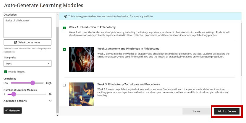 Screenshot of Auto-Generate Learning Modules page with two items selected with box around Add 2 to Course.