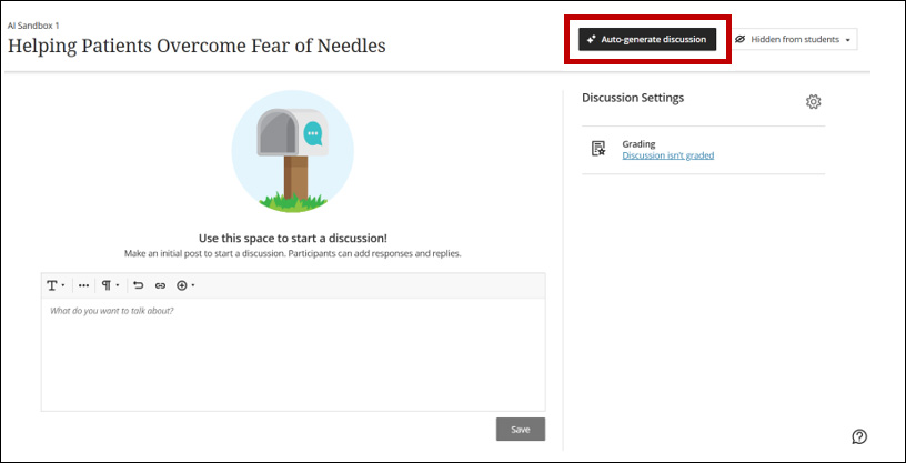 A screenshot of a discussion with the Auto-generate discussion button circled in the upper right-hand corner.