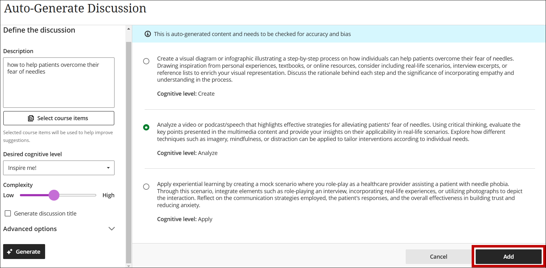 A screenshot of generated discussion options with a circle around the add button.