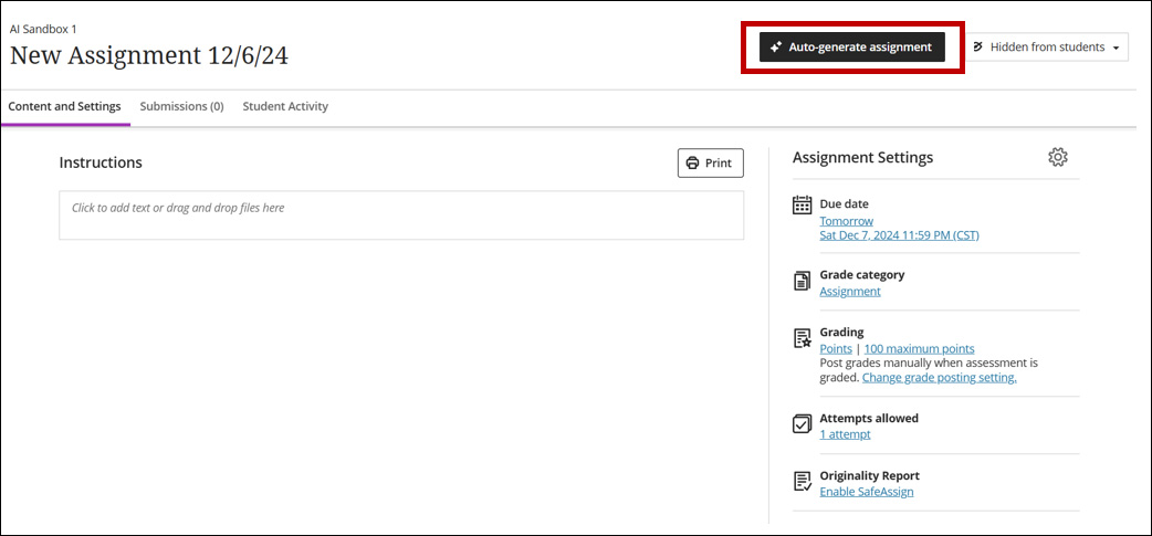 A screenshot of the assignment creation page with a circle around the auto generate button.