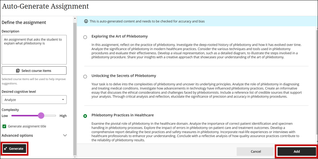 A screenshot of the Assignment auto generate page with circles around the generate button and the submit button.