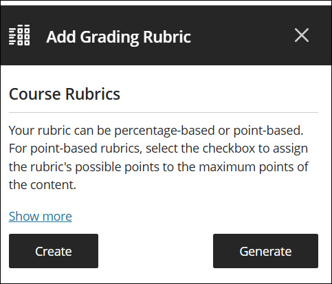 A screenshot of a Course rubrics with the generate and create buttons.