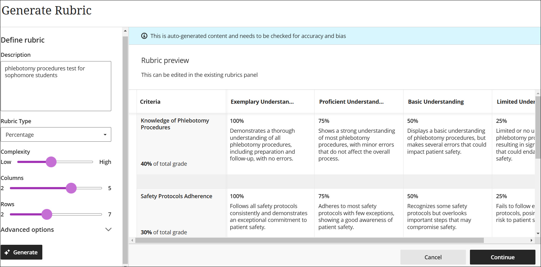 A screenshot of define rubric page.