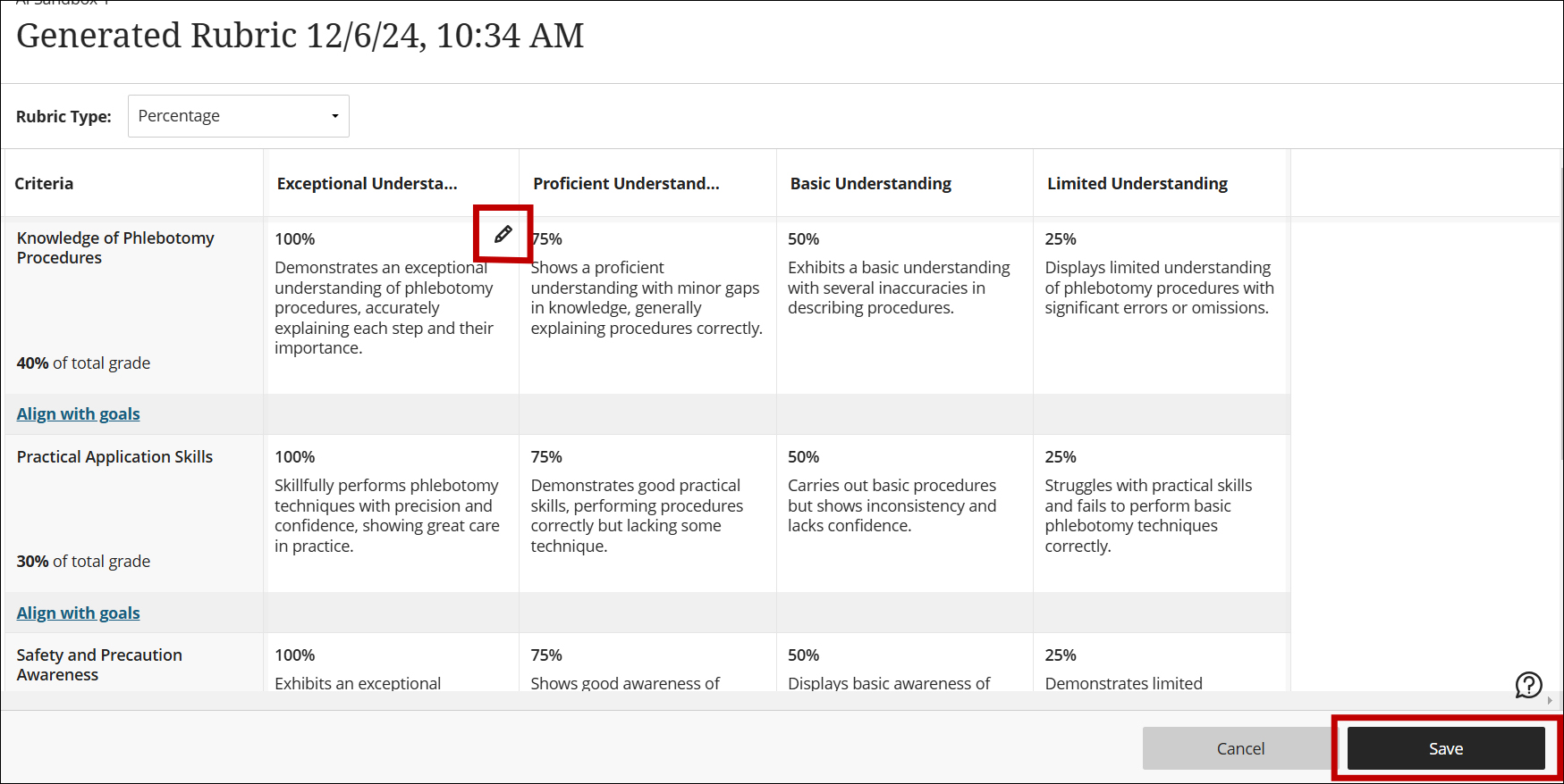 A screenshot of an AI generate rubric.