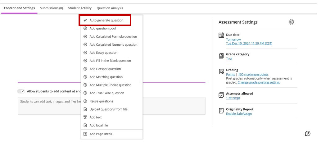 Screenshot of Test Creation panel with circle around Auto Generate test question.