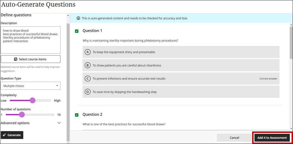 A screenshot of the auto-generate questions page with a circle around the add to assessment button.