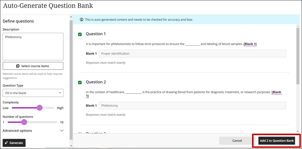 A screenshot of the auto-generate question bank page with a circle around the add to question button.