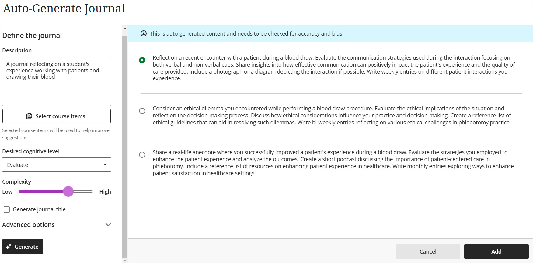 A screenshot of the page where we define and build the journal.