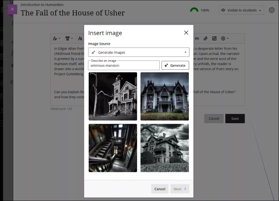 A screenshot of generate images page.