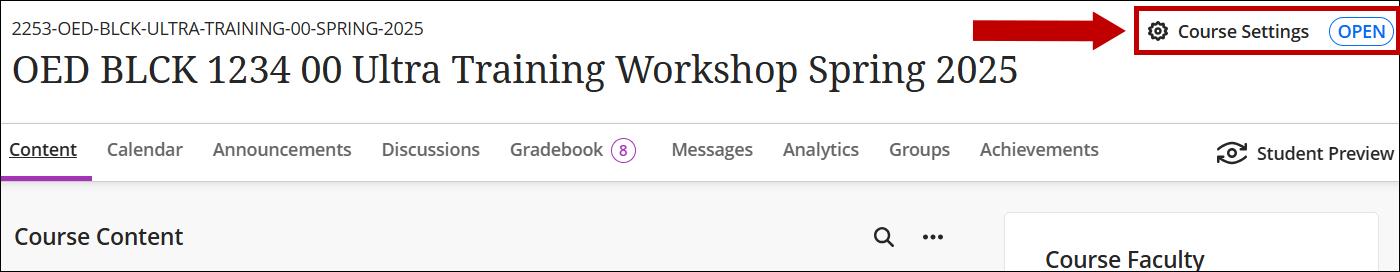 Screenshot of the Ultra Course Content area. An arrow is pointing to the Course Settings icon.