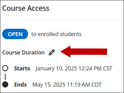 Screenshot of Course Duration page displaying the start and end dates of the course. An arrow is pointing to the edit pencil.