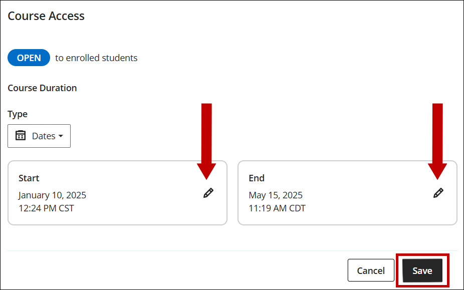 Screenshot of Course Duration area. Edit the start and end dates and click save.