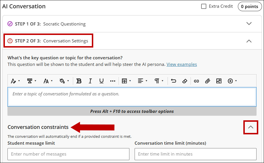 AI Conversation Settings to limit student conversations.