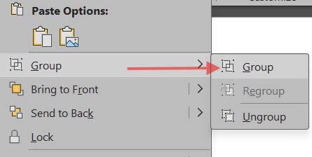 Screenshot of a software context menu showing options for grouping objects, with a submenu highlighting "Group" selected. Menu items include "Bring to Front," "Send to Back," and "Lock," with icons representing clipboard actions and grouping functions.