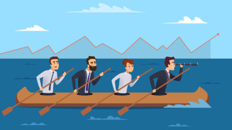 Team destination. Business successful managers group going to leader director vector concept illustrations. Illustration of business leader with team in boat